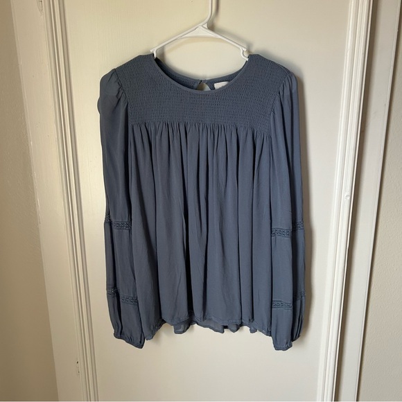 Aritzia Wilfred Ruthie Granite Blue Smocked Lace Long Sleeve Blouse Medium M - Picture 6 of 15